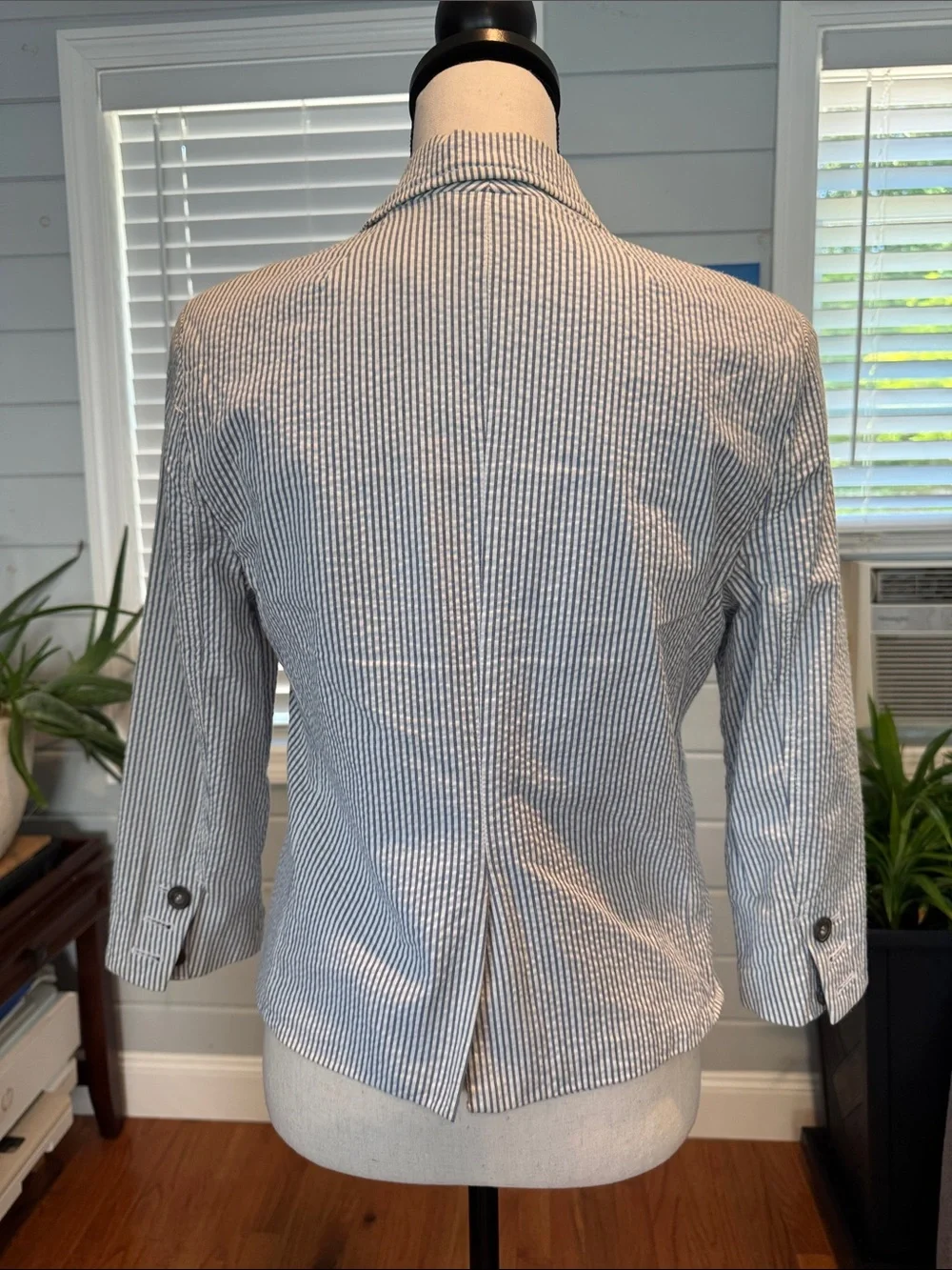 Striped Seersucker Blazer with Crest Patch - Nautical Blue